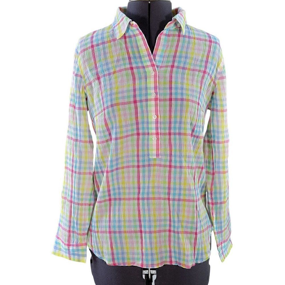 NWOT Talbots Pastel Plaid 1/2 Button Blouse Sz P